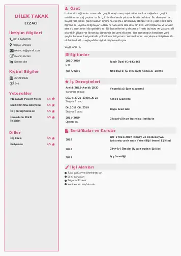 Eczacı CV Örnekleri cv indir